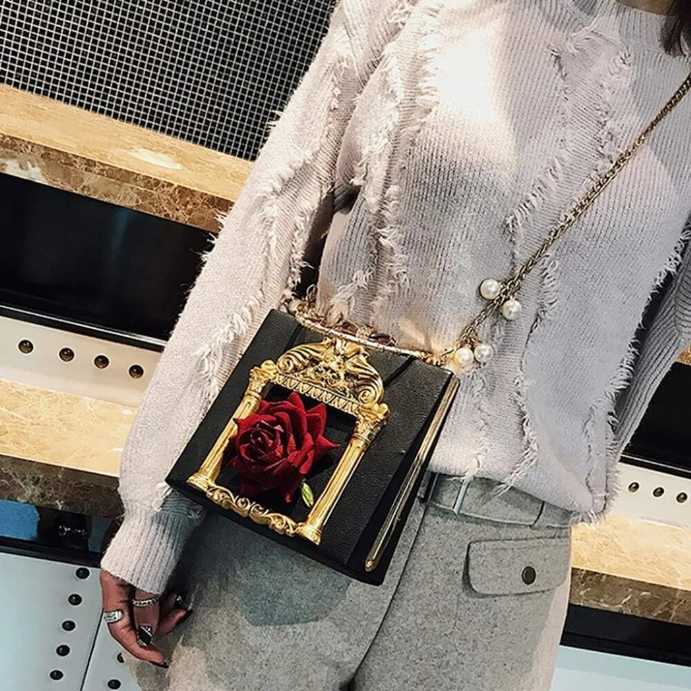 ⚡Women's Black Gold Love Angel Evening Rose Embossed Formal Crossbody Clutch Bag